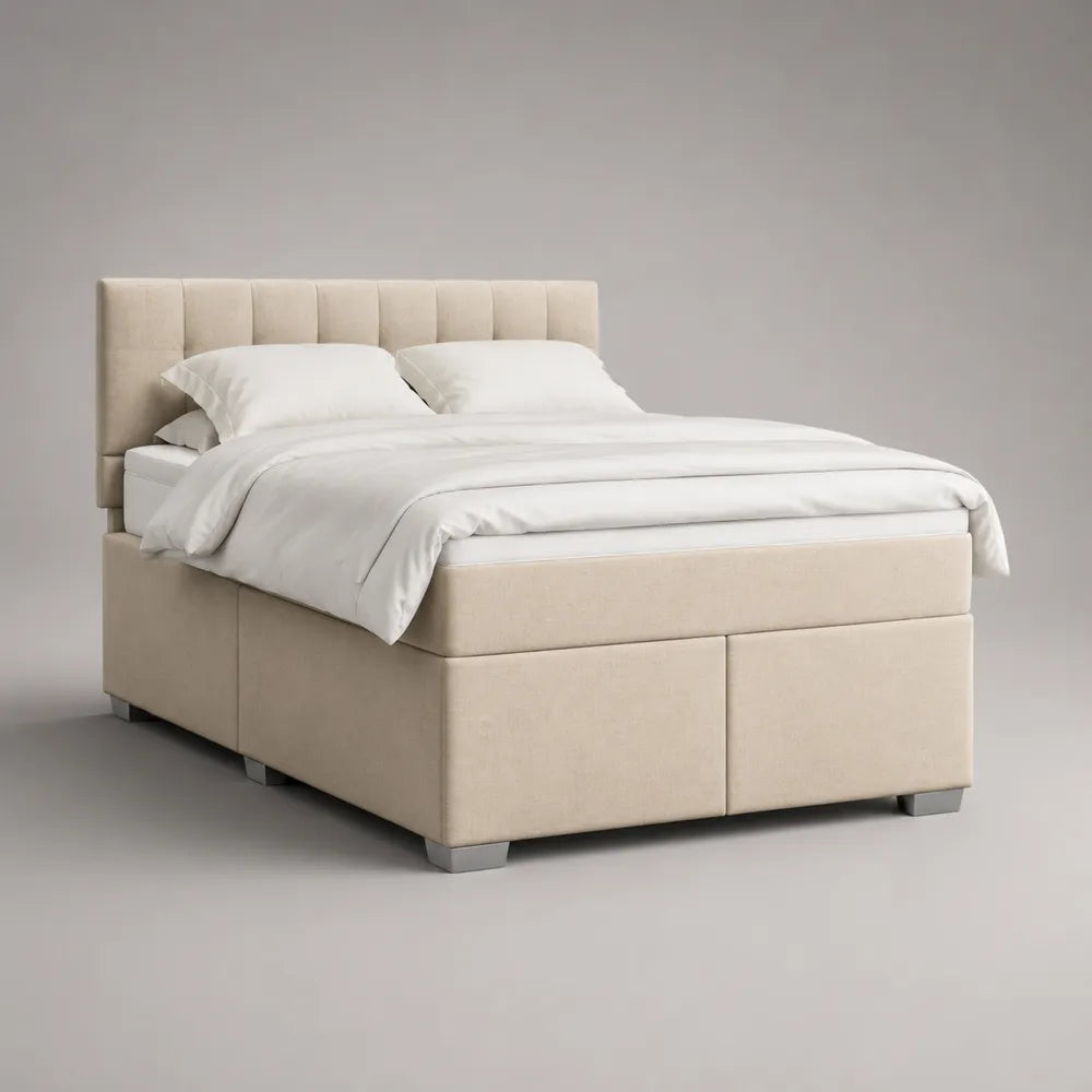 Lit coffre rectangulaire tissu polyester beige avec tête de lit rembourrée 160 x 200 cm