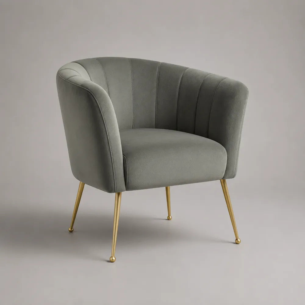 Fauteuil rembourré en tissu polyester gris avec pieds en acier doré forme arrondie 75x75x80 cm