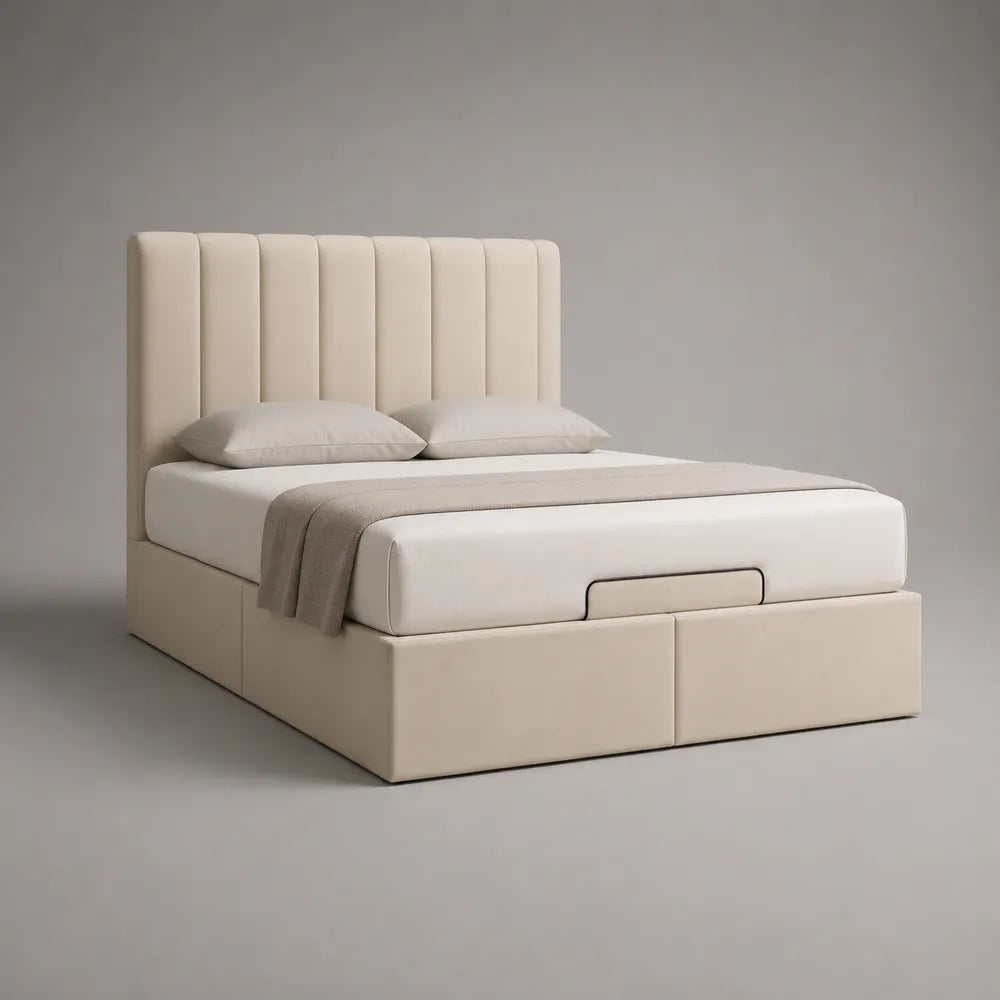 Lit coffre rectangulaire tissu polyester beige avec tête de lit rembourrée et tiroirs de rangement 160 x 200 cm