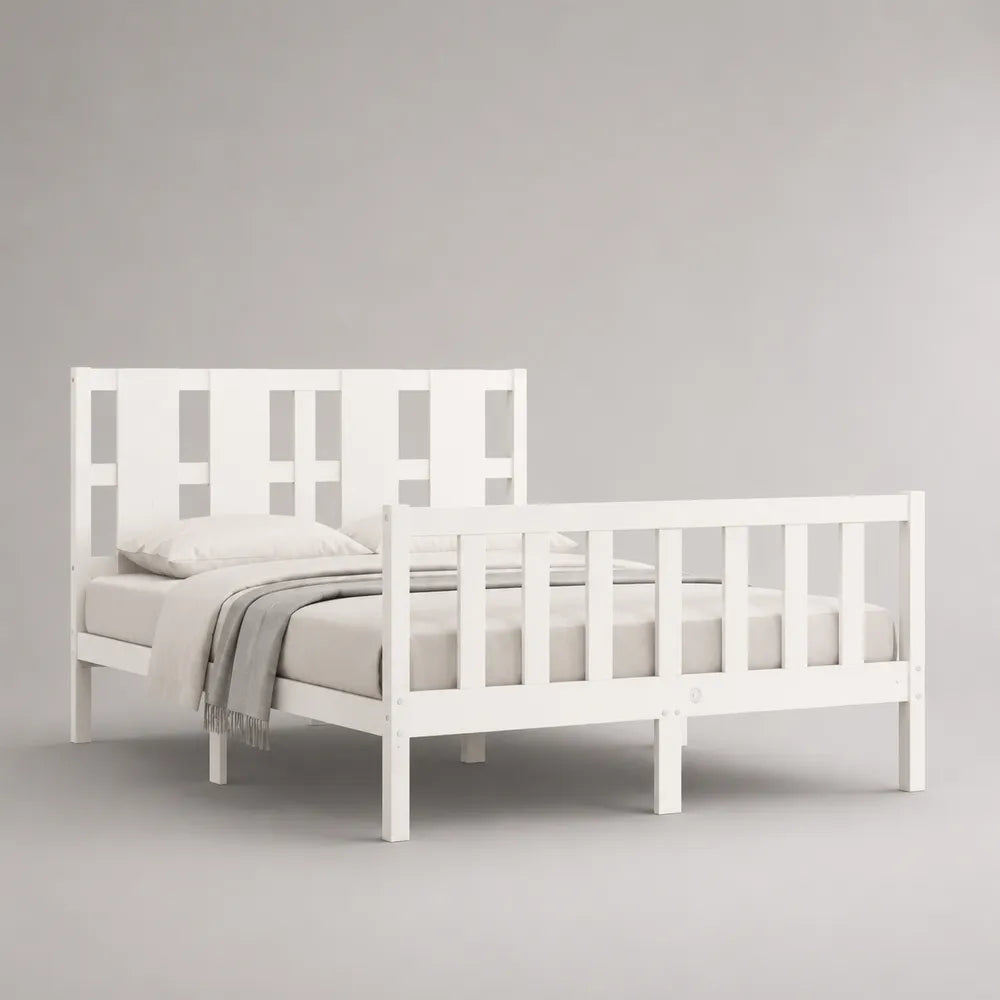 Lit double en bois de pin blanc avec tête de lit et pied de lit à lattes rectangulaires 160 x 200 cm
