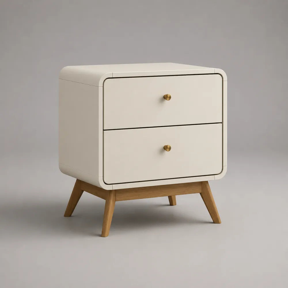 Table de chevet 2 tiroirs en MDF blanc avec pieds en bois naturel 60 x 40 x 55 cm