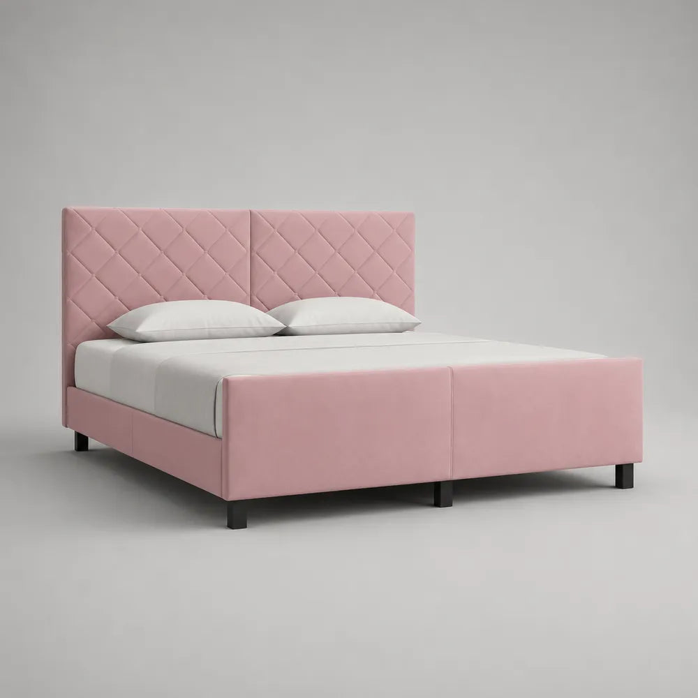 Lit double avec tête de lit capitonnée en tissu polyester rose 160 x 200 cm