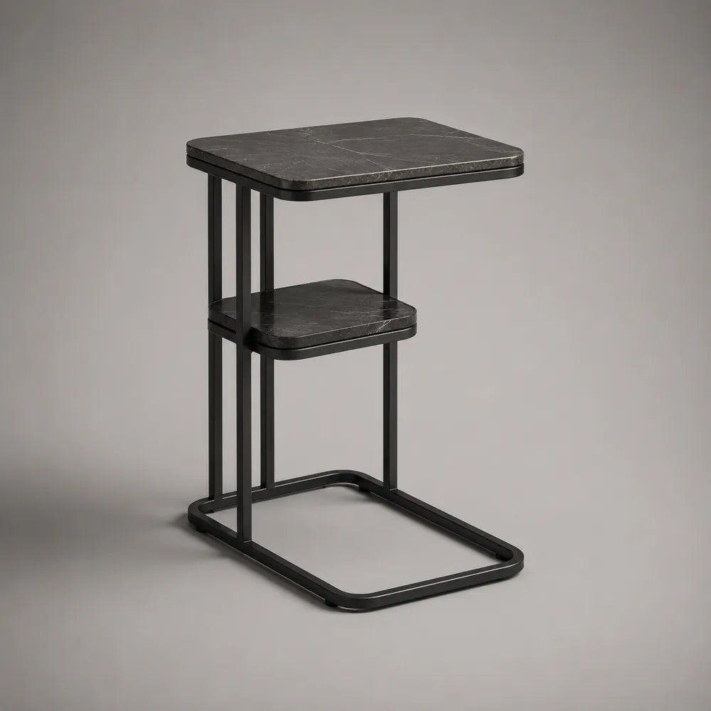 Table d'appoint rectangulaire noir avec plateau effet marbre et étagère en MDF et acier 50x40x65 cm