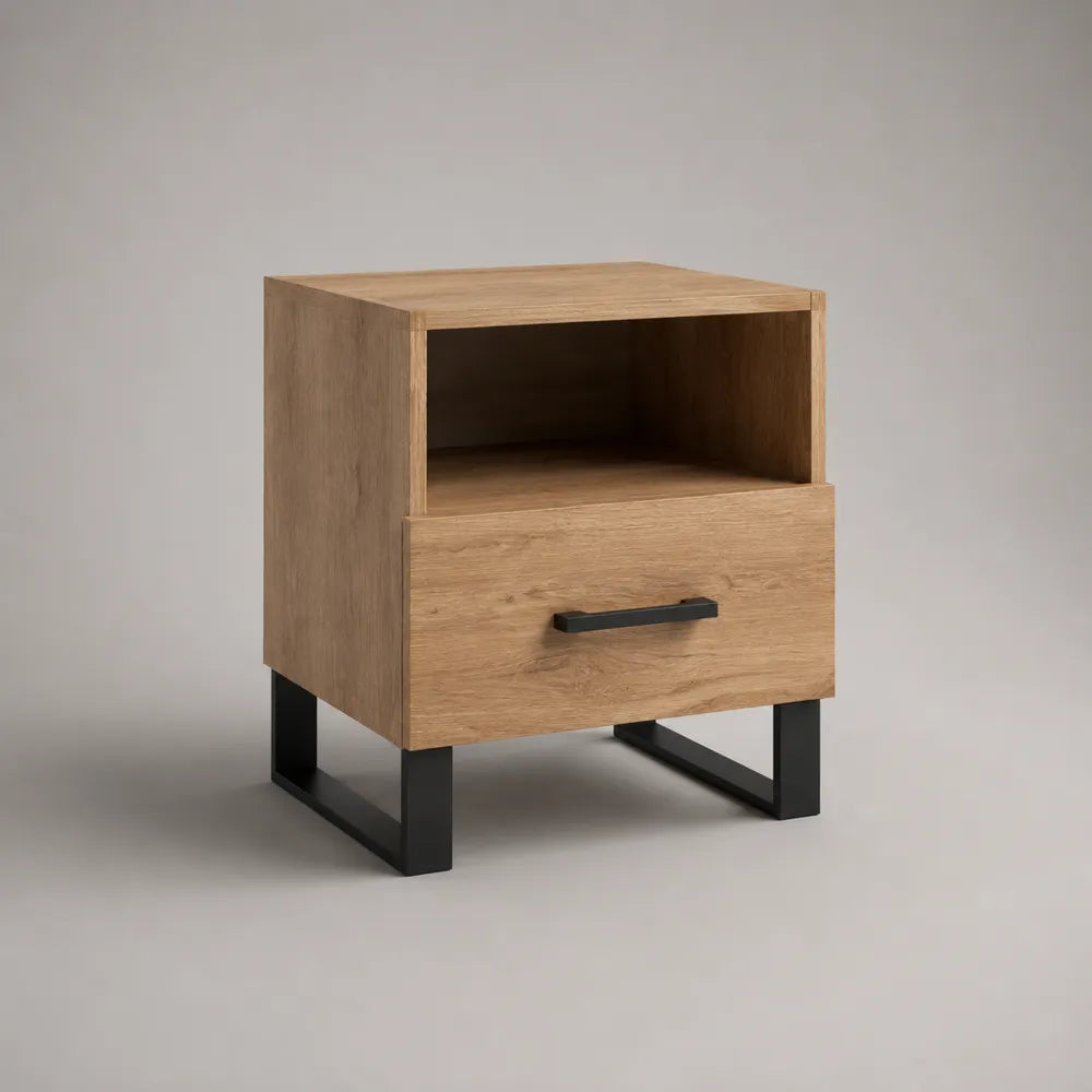 Table de chevet rectangulaire avec tiroir et niche ouverte en MDF finition chêne naturel et acier noir 45 x 40 x 55 cm