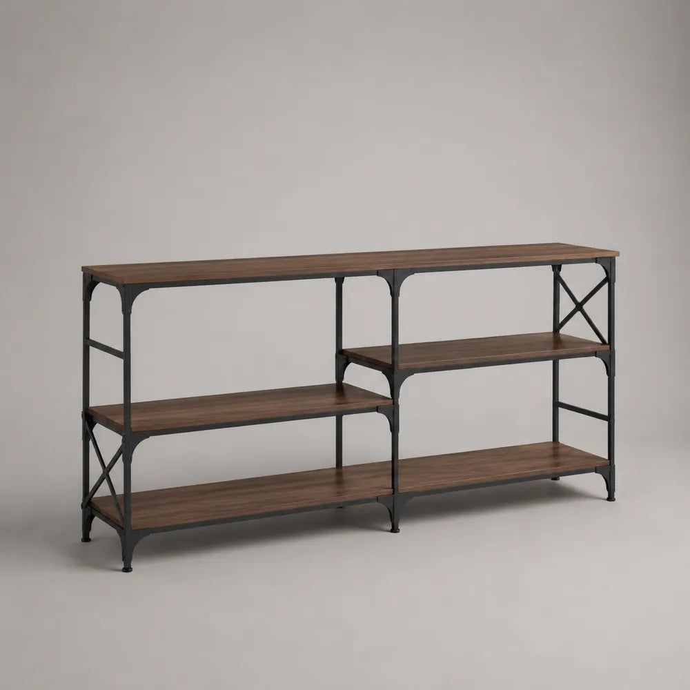 Console rectangulaire 200 cm en MDF effet noyer avec structure en acier noir et étagères ouvertes