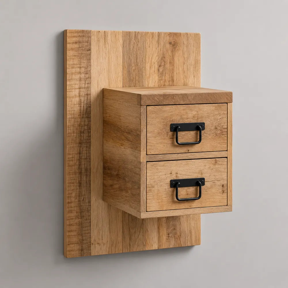 Table de chevet murale 2 tiroirs en bois naturel avec poignées en acier noir 50 x 35 x 45 cm