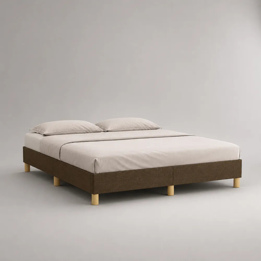 Lit double rectangulaire rembourré tissu polyester marron avec pieds en bois 160 x 200 cm