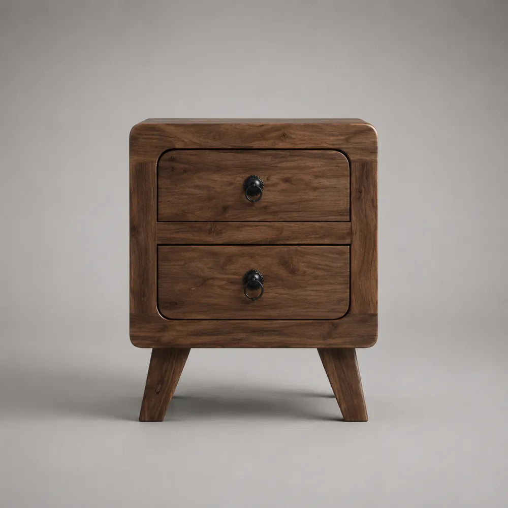 Table de chevet rectangulaire bois effet noyer marron avec 2 tiroirs et pieds inclinés 50 x 40 x 55 cm