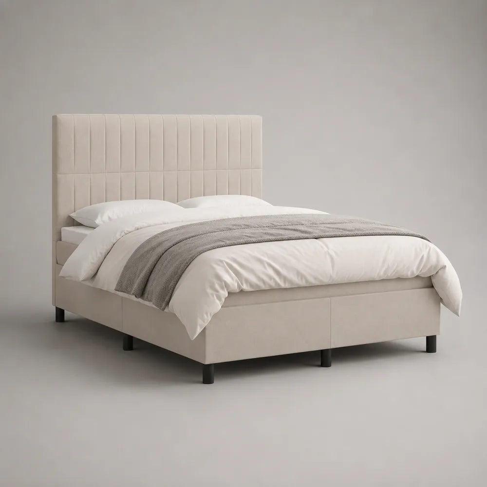 Lit double rectangulaire tissu polyester beige avec tête de lit capitonnée et cadre rembourré 160 x 200 cm