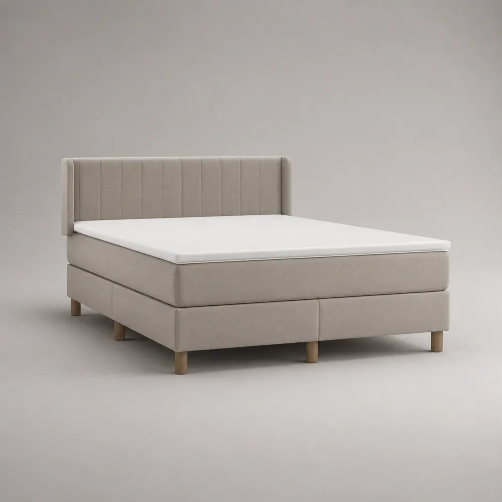 Lit double rembourré en tissu polyester beige avec tête de lit rectangulaire 160 x 200 cm