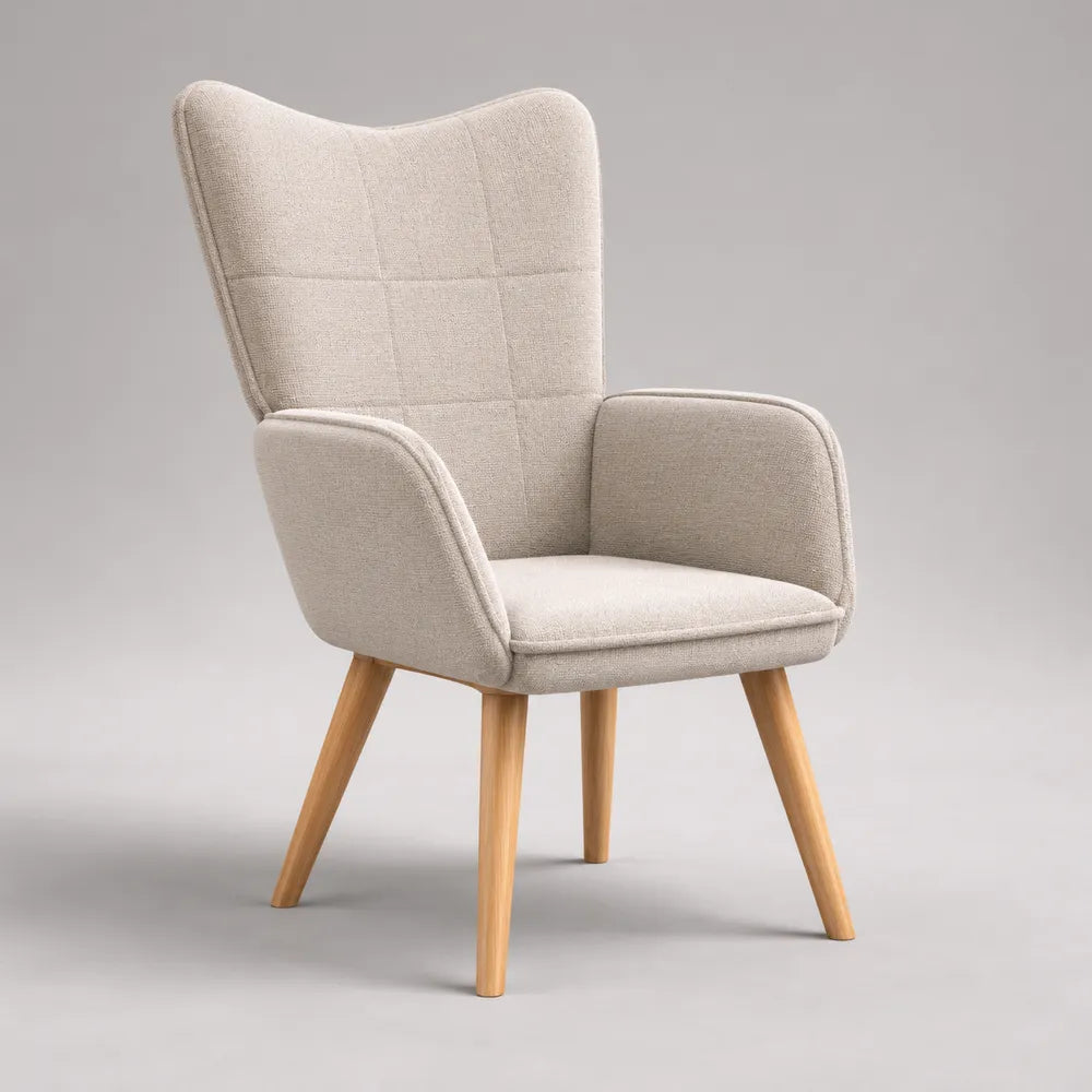 Fauteuil scandinave rembourré en tissu polyester beige avec accoudoirs et pieds en bois 75x80x95 cm