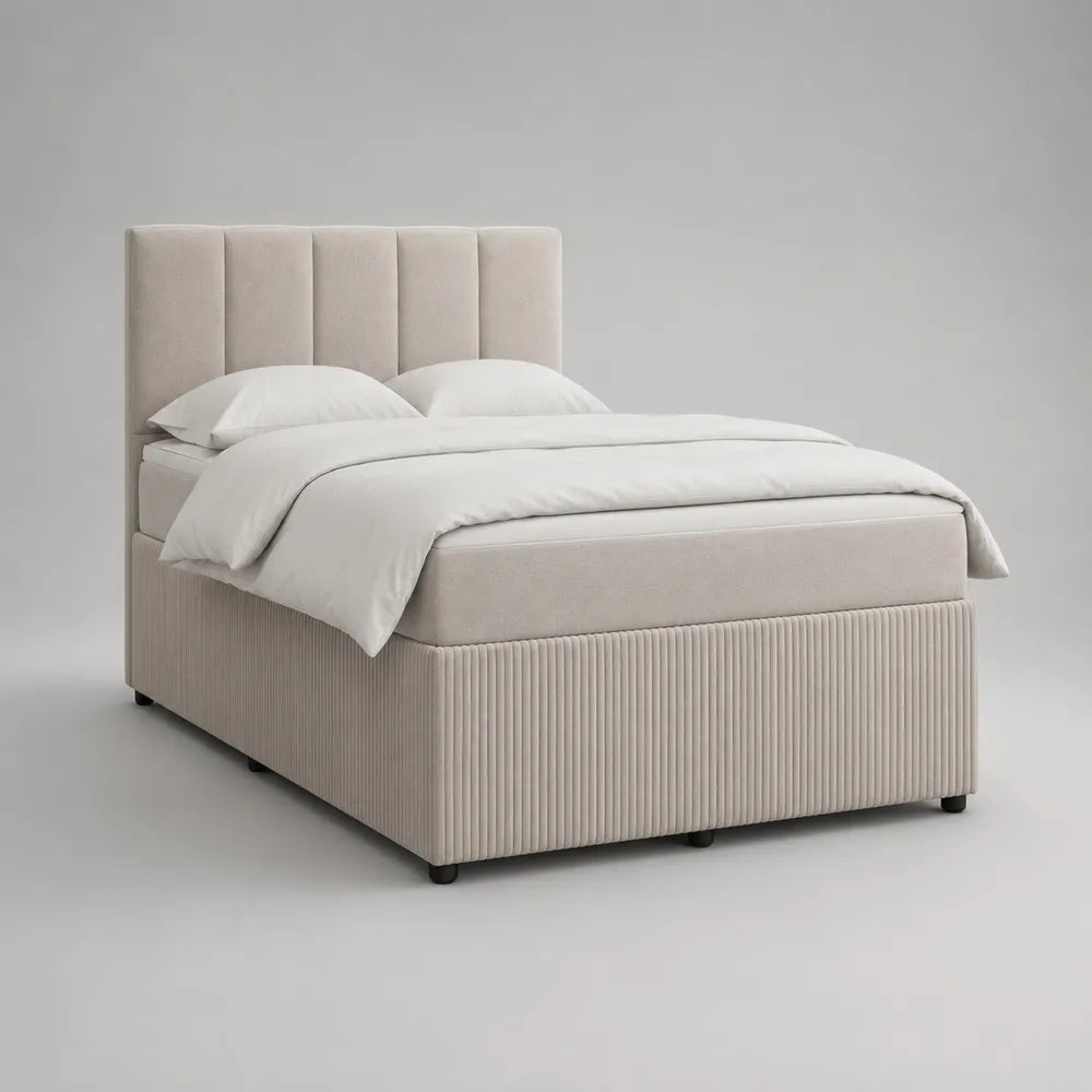 Lit double rembourré en tissu polyester beige avec tête de lit capitonnée verticale 160 x 200 cm
