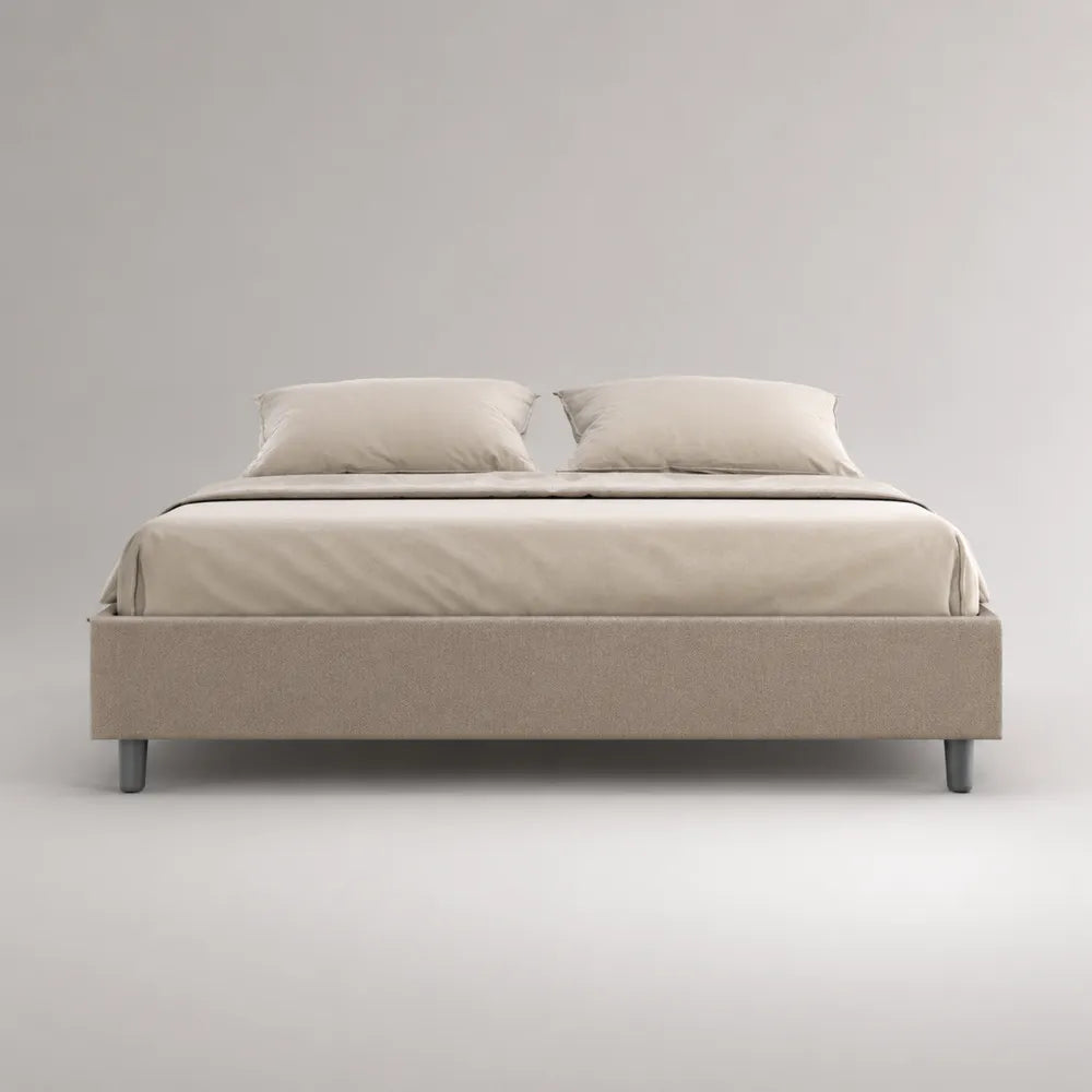 Lit double rembourré en tissu polyester beige avec cadre rectangulaire et pieds en métal 160 x 200 cm