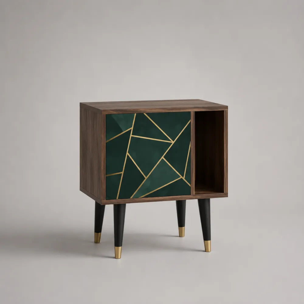 Table de chevet rectangulaire avec porte et niche ouverte en MDF marron avec façade vert foncé et pieds en acier noir doré 50 x 40 x 65 cm