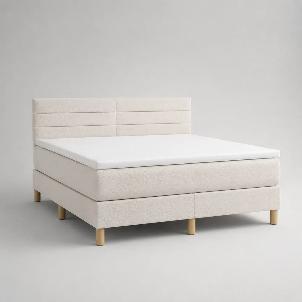 Lit double rembourré en tissu polyester beige avec tête de lit rectangulaire à panneaux horizontaux 160 x 200 cm